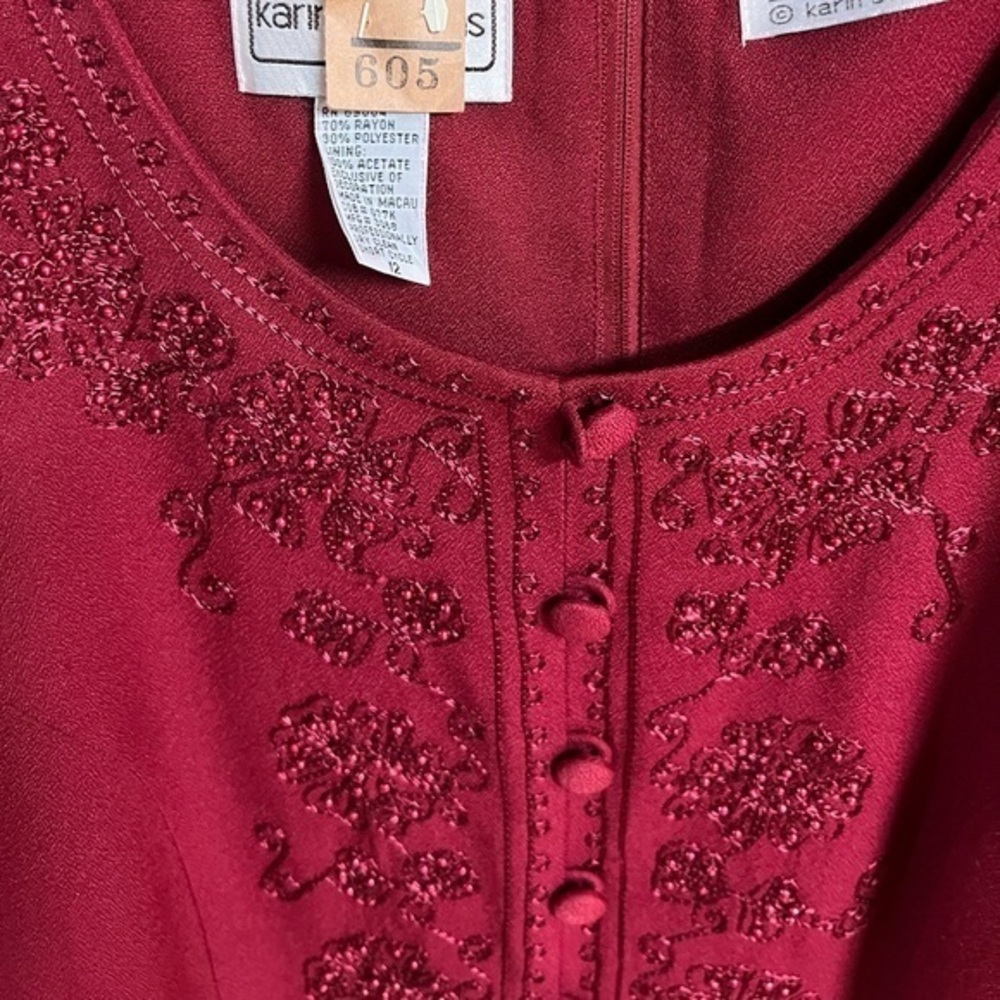 Karin stevens Vintage Solid Burgundy Pleated Flowing Romantic Day Dress sz 12